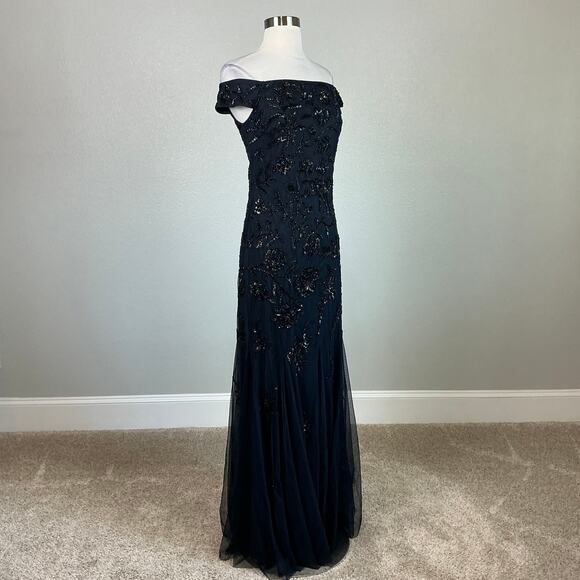 Adrianna Papell Beaded Off the Shoulder Evening Gown Blue Size 6 Formal Dress - Picture 2 of 10